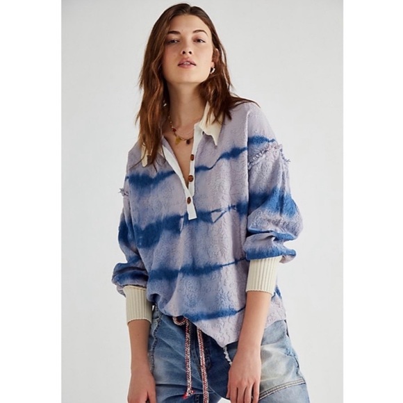 Free People Sunrise Polo Henley Pullover Sweater Lavender Tie Dye -‎ Size S - Picture 1 of 9